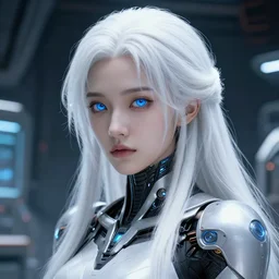 detailed portrait of perfect android girl, warframe armor, beautiful face, scifi, futuristic, space station, laboratory, song hye - kyo, dreamy, long white hair, blue cyborg eyes, cinematic lighting, innocent, highly detailed, sharp focus, smooth, artstation, intricate, award winning, pure aura, divine, by akihiko yoshida
