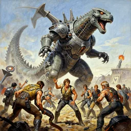 oil painting of 1 9 7 2 battle - panorama kaiju fossil machine in 6 0 s, by jack kirby, jack gaughan, virgil finlay, alberto bontempi, shigeru komatsuzaki, wayne d barlowe, alex ross, enric torres, simon bisley & boris vallejo, alex ross, enric torres, hyper realism, cinematical,