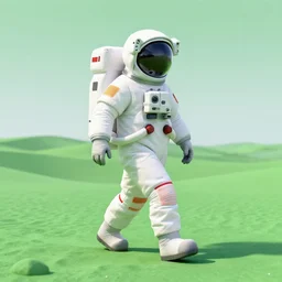 A 3D render of an astronaut walking in a green desert