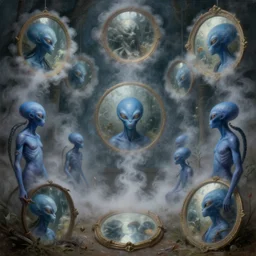 celebration : : vapors, steam : : looking at many clouded round mirrors : : hiperreal fantasy art : : blue - skinned aliens : : ethnological photomanipulation painting : : 4 k extremely detailed