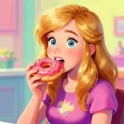 Mabel Pines eating a donut, colourful, drawing, masterpiece, high detail, digital art, by Alex Hirsch