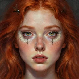 portrait young beautiful!!! symmetric woman, hypnotic ( ( ( owl ) ) ) eyes, red hair, freckles, ( ( ( ( insect ) ) ) ) digital painting, lots of details, extremely detailed, 4 k, intricate, brush strokes, mark arian, artgerm, bastien lecouffe - deharme