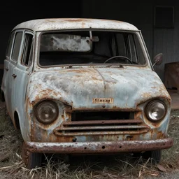 A medium shot photograph of a rusty, worn out, broken down, decrepit, run down, dingy, faded, chipped paint, tattered, beater 1976 Denim Blue Dodge Aspen in a farm field, photo taken in 1989