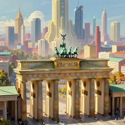 dystopian brandenburg gate Germany, futuristic digital painting, concept art, skyline in back, in the style of Ralph Mcquarrie, warm lighting, volumetric lighting, trending on artstation, high detail, sci fi, bright colours, vivid colours, lots of buildings