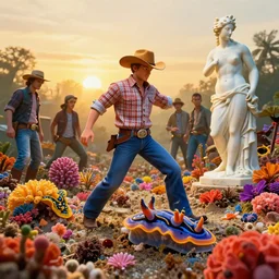 a cowboy turning into blooms in real life. volumetric lighting, beautiful, golden hour, sharp focus, ultra detailed. bold vibrant complementary colors. by leesha hannigan, ross tran, thierry doizon, kai carpenter, ignacio fernandez rios. tropical sea slugs. 4 k, 3 5 mm, fujifilm, sculpture by antonio canova