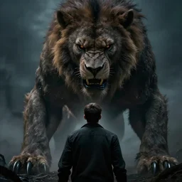 a man looking down a ferocious beast, fearless, brave, menacing beast, stunning artwork by professional artists, backshot angle, dark vibe