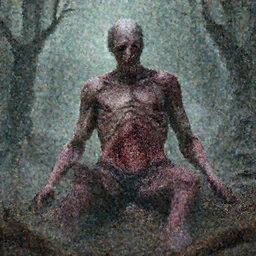 A realistic detailed photo of a creepy man, extra detailed body, crooked legs, blood, exploded belly, red eyes, destroyed body, dead skin, dead trees, detailed body, teeth filled with cavities, foggy landscape, creepy, light particles, detailed light, realistic shaders, trending on artisation, detailed textures, detailed, realistic.