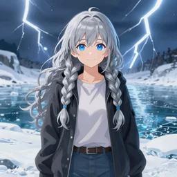 a very beautiful anime girl, full body, long braided curly silver hair, sky blue eyes, full round face, short smile, casual clothes, ice snowy lake setting, cinematic lightning, medium shot, mid-shot, highly detailed, trending on Artstation, Unreal Engine 4k, cinematic wallpaper by Stanley Artgerm Lau, WLOP, Rossdraws, James Jean, Andrei Riabovitchev, Marc Simonetti, and Sakimichan