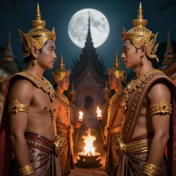 matte close - up portait of tai smart armored warlords who assemble on a full moon night, face to face meeting, ethenic costume, traditonal decoration, light from bonfires and torch, digital art trending on artstation, elegant, loin cloth, highly detailed, 8 k, cinematic lighting, global illumination, elegant, ornate, super detail, background is sukhothai in the