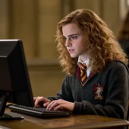 Photo of Emma Watson as Hermione Granger using a computer in Hogwarts