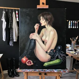 realistic painting of a black painted canvas, on an easel in a female artist's studio with black walls, tall emo artist eating blackberries, paint tubes, clothes hanging up to dry, high black boots, pomegranate, a black pig, courgette, black octopus, sensual, acrylic and oilstick on canvas