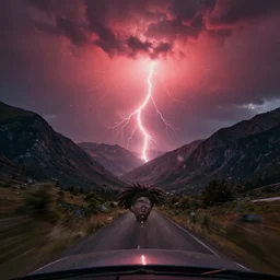 black trans - am driving towards the camera, mountain, valley, breathtaking mountains, particles floating, dynamic, cinematic, motionblur, volumetric lighting, wide shot, low angle, red glow in sky, large lightning storm