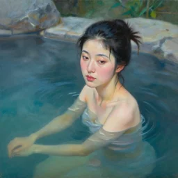 hyperrealism beautiful chinese woman bathe in a hot spring, yumiko kayukawa, drab blue greens, dark greens, highly detailed, oil painting