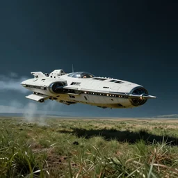 spaceship flying over a grassy field on an alien world, cinematic perspective, cinematic lighting, Syd Mead
