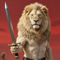 commission of a male anthropomorphic albino lion holding a sword under a red sky,digital art,art by greg rutkowski,trevor henderson,ross tran,photorealistic,hyperdetailes,highly realistic,natural lighting,deviantart,artstation,dramatic,cinematic,4k,western comic style