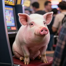 a pig sitting at the slot among people, photo in color, photo in 4 k