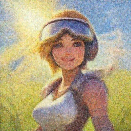 beautiful oil painting of tracer from the game overwatch in the style of delphin enjolras, standing alone in grassy field, smiling while the sun shines down, feminine face, light rays, radiant quality, 4 k, brush strokes, anatomically accurate face, beautiful eyes, peaceful atmosphere, artstation, heavenly glow, tracer overwatch, tracer face, detailed face, smiling, tracer vizor,