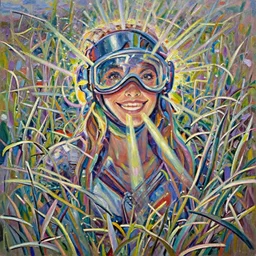 beautiful oil painting of tracer from the game overwatch in the style of delphin enjolras, standing alone in grassy field, smiling while the sun shines down, feminine face, light rays, radiant quality, 4 k, brush strokes, anatomically accurate face, beautiful eyes, peaceful atmosphere, artstation, heavenly glow, tracer overwatch, tracer face, detailed face, smiling, tracer vizor,