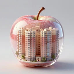photo of an apple with a transparent casing and an apartments block inside. Intricate, very detailed, 8k, fantasy
