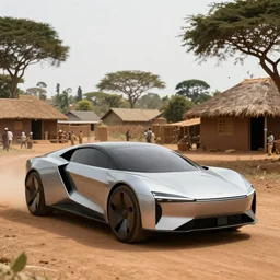 a futuristic car in an african village
