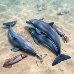 dolphins, whales, squids, fishes lying on the dry sand bottom of the ocean, no water, only sand, beautiful light, octane render 8 k