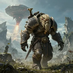 highly detailed elden ring portrait photo of a huge golurk walking through in scenic dystopian environment. an even bigger massive spaceship lifts off in the background, hyperrealistic illustration by william didier - pouget