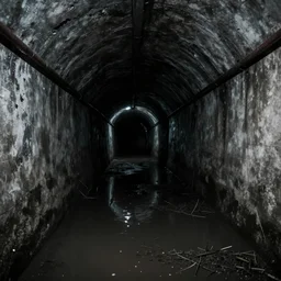 dark partially flooded subway tunnel, eerie, creepy, spooky, liminal, liminal space, surreal,
