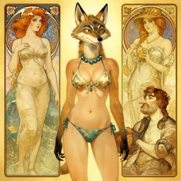 feminine anthropomorphic coyote wolf character in a bikini. Renowned character illustration by greg rutkowski, thomas kindkade, alphonse mucha, loish, norman rockwell. Trending on artstation.