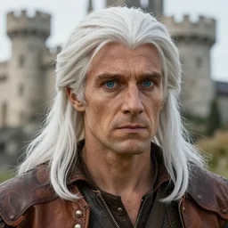 A tanned male “hobbit” rogue with round-shaped blue eyes, wearing leathers. Mid-length white straight hair. leathery skin. thin eyebrows. thin nose and nostrils. thin lips. thin neck. mischievous expression. background with castle. photographic hdr.