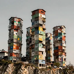 high towers made up of colourful brutalist makeshift squatter shacks, suspended over a cliff, mamiya, uniform plain sky, fine details, photographed by michael wolf
