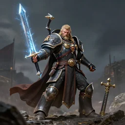 leman russ from warhammer holding a glowing frost sword, ultrarealistic, photorealistic, wide angle, intricate detail by greg rutkowski