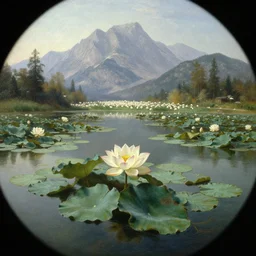 alpine pond with water lilies, a single blooming gigantic lotus flower, and white herds in the background, under hazy towering mountains. landscape painting by Albert Bierstadt and Frederic Edwin Church. Hudson river school monumental landscape painting, extremely detailed, view from above, fish-eye lens, wikimedia commons full resolution painting