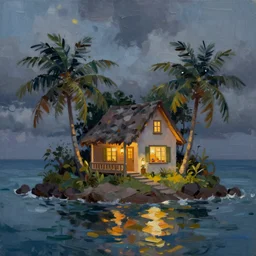 a very very small island! cute cozy large cottage!! and lanterns!!!, palm trees, dark very late evening cloudy, dramatic and dynamic lighting, thick brush strokes oil impasto painting