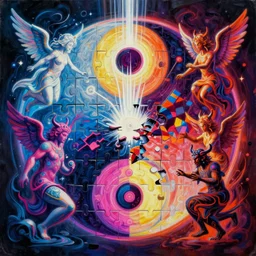 An extremely high quality hd surrealism painting of a taoism yinyang jigsaw puzzle made of neon colours and escher figures, angels and demons, evil and good, archetypal, suffering darkness and white healing light streaming through exploded view of jigsaw pieces, 4k, 8k, ultra realistic, complex, interlocked