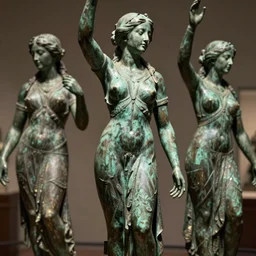 detailed photo of famous old bronze patina statue of woman, various poses, photorealism, intricate detail, a few light reflexions, museum diffuse lighting