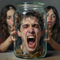 a screaming man trapped inside a jar. detailed face. beautiful detailed dramatic painting by artgerm and magali villanueve and michael whelan