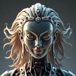 perfectly centered portrait, front view of a beautiful biomechanical android alien robot buddha, female, flowing hair, intense stare, sarcastic smile, symmetrical, concept art, intricate detail, volumetric shadows and lighting, realistic glass sculpture, octane render, unreal engine