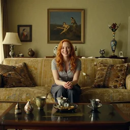 a very happy beautiful Christina Hendricks in the living room, film still from the movie directed by Denis Villeneuve with art direction by Salvador Dalí, wide lens