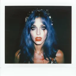 an instant photo of a beautiful but sinister woman in layers of fear, with haunted eyes and blue hair, 1 9 7 0 s, seventies, delicate embellishments, a little blood, crimson, painterly, offset printing technique, mary jane ansell