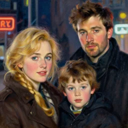 winter, family, colin farrell with blond emilia clarke, neon light, detailed faces, painting by gaston bussiere, craig mullins, j. c. leyendecker