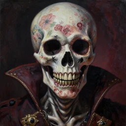 A very detailed horrifying portrait painting of the prince of death, floral patterned skin, insect teeth, occult, 8k, trending on artstation cgsociety, masterpiece, in the style of DiscoDiffusion.
