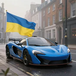 a wholesome animation key shot of!! one!! focused!! mclaren!!! p 1!!, blue and yellow, ukrainian! flag! colors!, in a misty london street, wide shot, studio ghibli, pixar and disney animation, sharp, very detailed, high resolution, rendered in unreal engine 5, anime key art by greg rutkowski, bloom, dramatic lighting
