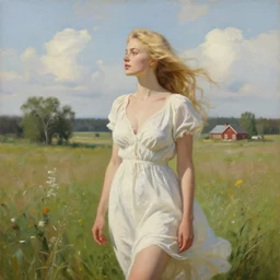 blonde woman in hot dress in the swedish countryside, freedom, scenic, beautiful, masterpiece, highly detailed, painting by vladimir volegov