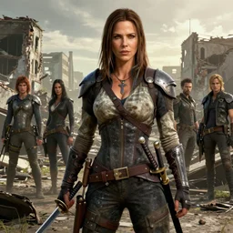 fallout 5, charismatic beautiful rugged old kate beckinsale with s sharp katana, portrait, outdoors ruined cityscape, atmospheric lighting, painted, intricate, volumetric lighting, beautiful, daytime, sunny weather, slight overcast, sharp focus, deep colours, ultra detailed, by leesha hannigan, ross tran, thierry doizon, kai carpenter, ignacio fernandez rios
