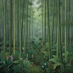 bamboo forest, lot of exotic vegetation, trees, flowers, dull colors, in the foggy huge forest, by victo ngai, hyperrealism, intricate detailed