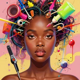 👩🏿🦳🦸🏾♀ face, bizarre, chaotic, vivid, hyper detailed, digital art, in the style of james jean, victo ngai, e. a. seguy patterns, experimental abstract art, dadaist, mixed media collage, bizarre, vibrant, psycho, warm colors