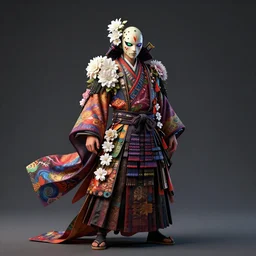 wide angle full body portrait shot of a beautiful japanese freddy krueger samurai wearing ornaments of flowers, flowing colorful elegant clothes, highly detailed face, detailed iridescent eyes, alphonse white datura, rhads, artstation, fkey, octane render, 1 6 k