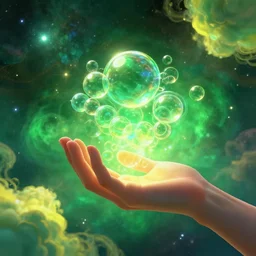 a human hand holding a bunch of glass bubbles in a cosmos space full of stars and vibrant clouds, volumetric light, green and yellow colors, digital art, artstation