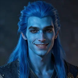 a portrait of a man in his 3 0 s with long blue hair tied back and blue skin, a character portrait, no beard, smiling, trending on deviantart, fantasy art, lighthearted, handsome, style by donato giancola, wayne reynolds, jeff easley dramatic light, high detail, cinematic lighting, trending on artstation