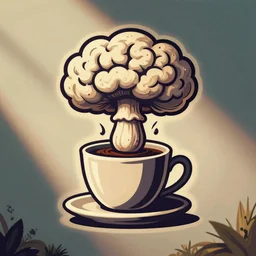 coffee logo, featuring a mushroom cloud coming out of a cup, the cloud looks like brains, by mcbess, full colour print, vintage colours, 1960s